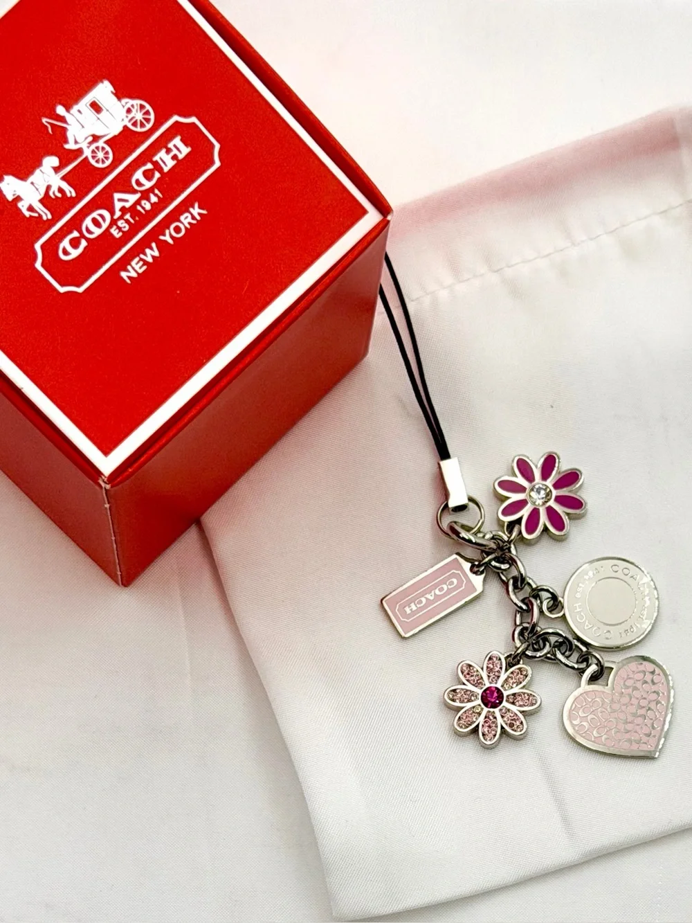 Coach Vintage Pink Daisy & Heart Swarovski Charm/Keychain- Excellent Condition